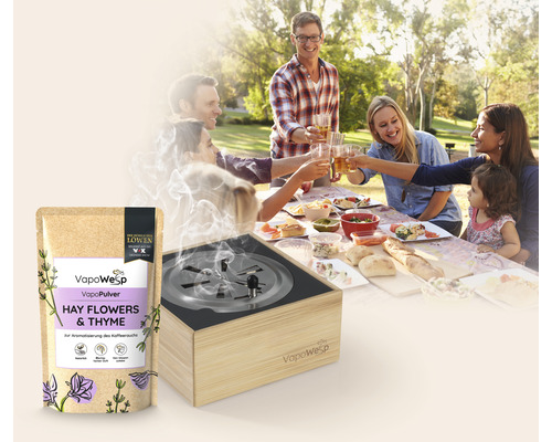 Szene einer Familie beim Picknick mit dem VapoWesp Räucherofen und Räuchermischung Heublumen & Thymian.