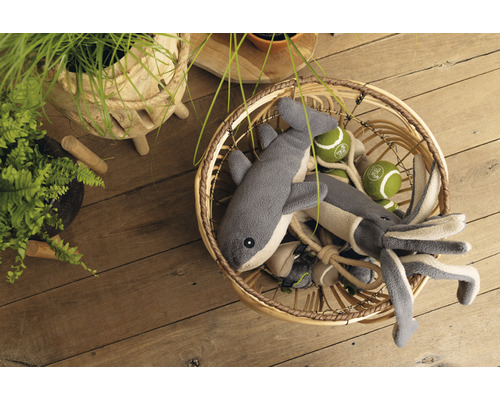 Korb mit Hundespielzeug in Form von Haien, Tintenfischen und Tennisbällen