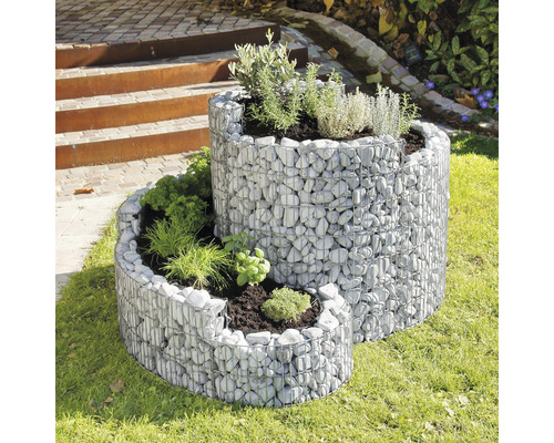 Gabionen Hochbeet mit spiralförmigem Design und Bepflanzung im Garten.