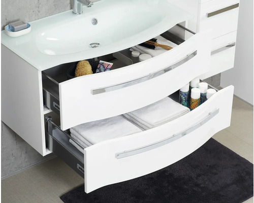 Badezimmer Waschbeckenunterschrank mit offenen Schubladen zur Aufbewahrung von Handtüchern und Badezimmerartikeln