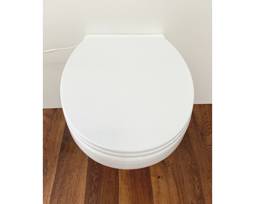 Photo de toilettes blanches fermées avec réservoir, devant un mur et un plancher en bois