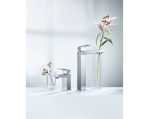 Deux robinets avec des fleurs dans des vases en verre sur un lavabo