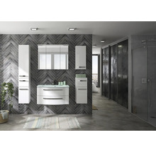 Badezimmer mit Waschtisch, Spiegelschrank und Hochschrank in einem modernen Design.