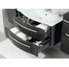 Badmöbelset 3-teilig Pelipal xpressline 4005 BxHxT 92 x 200 x 49,1 cm Frontfarbe grau hochglanz mit Waschtisch Glas weiß und Glaswaschtisch Waschtischunterschrank Spiegelschrank mit LED-Beleuchtung Griff chrom glanz 992.0900212 9920900212