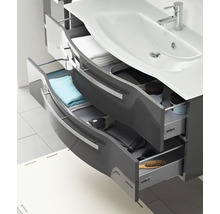 Badmöbelset 3-teilig Pelipal xpressline 4005 BxHxT 120 x 200 x 49,1 cm Frontfarbe grau hochglanz mit Waschtisch Glas weiß und Glaswaschtisch Waschtischunterschrank Spiegelschrank mit LED-Beleuchtung Griff chrom glanz 992.1200112 9921200112