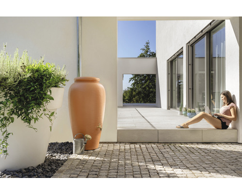 Scène avec réservoir d''eau de pluie, arrosoir et femme avec ordinateur portable sur la terrasse