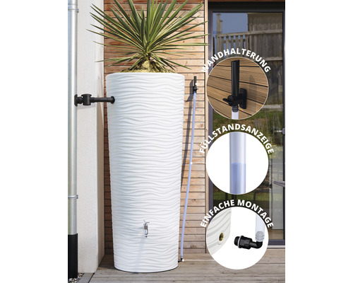 Récupérateur d''eau de pluie avec plantes et détails sur le support mural, l''indicateur de niveau de remplissage et le montage facile