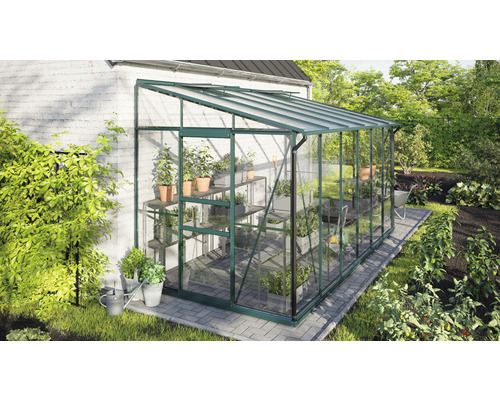 Serre en verre avec des plantes dans le jardin.