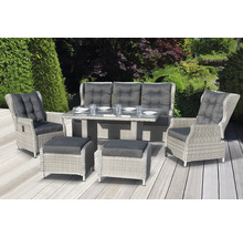 Salon de jardin avec table, banc, fauteuils et tabourets en rotin