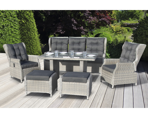 Salon de jardin avec table, banc, fauteuils et tabourets en rotin