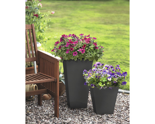 Garten mit zwei Blumenkübeln und bepflanzten Blumen