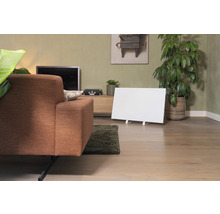 Wohnzimmer mit Sofa, Fernseher, Zimmerpflanzen und Paneelheizung