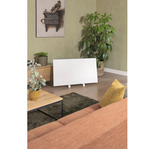 Wohnzimmer mit Heizpaneel, Couch, Tisch und Zimmerpflanzen