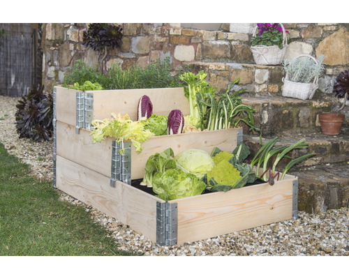 Hochbeet aus Holz mit Gemüse auf einer Terrasse