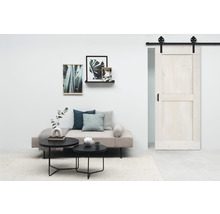 Wohnraum mit Schiebetür, Sofa, Couchtisch und Wanddekoration für ein modernes Wohnambiente.