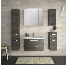 Modernes Badezimmer-Set mit Waschtisch, Spiegelschrank und Hochschränken in Holzoptik