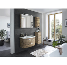 Modernes Badezimmer mit Waschtisch, Spiegelschrank und Hochschrank im Holzdesign