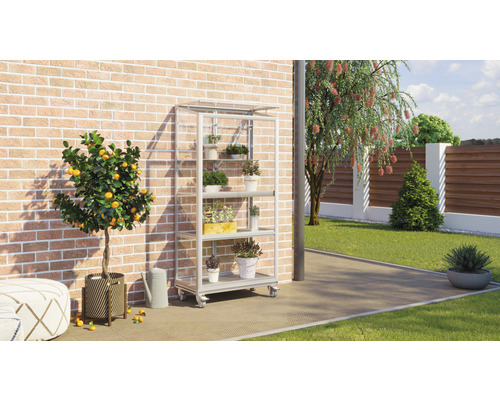 Scène avec une étagère à plantes sur roulettes, décorée de diverses plantes en pot, à côté d''un citronnier et d''un espace jardin