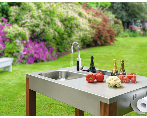 Gartenküche mit Spüle, Wasserhahn, Gemüsesorten und Getränken im Garten