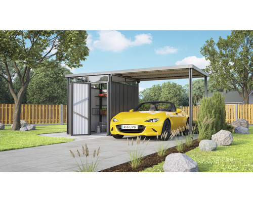 Gartenhaus PERGART Rheinfelden 78 inkl. Schleppdach 490 x 245 cm anthrazit Modernes Carport mit Geräteschuppen und gelbem Auto im Garten.