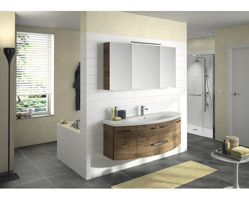 Modernes Badezimmer mit Waschtisch, Spiegelschrank und Dusche