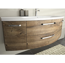 Badezimmer Waschtischunterschrank mit Holzstruktur und weißen Aufsatzwaschbecken.