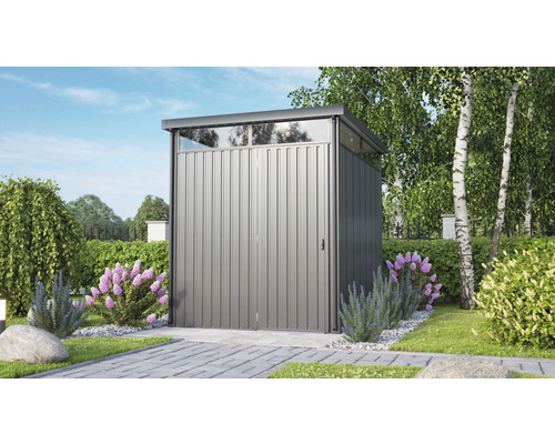 Abri de jardin métallique avec porte et fenêtre dans le jardin