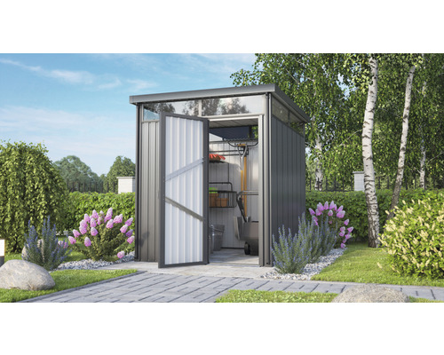 Abri de jardin en métal avec porte ouverte et outils de jardin