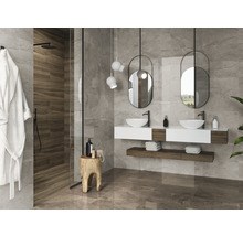 Salle de bain lumineuse avec douche, meuble-lavabo avec deux vasques et miroirs