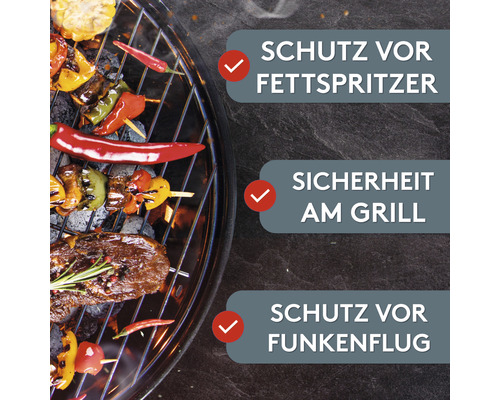 Scène de barbecue avec informations textuelles sur la protection contre les projections de graisse, la sécurité et la protection contre les étincelles