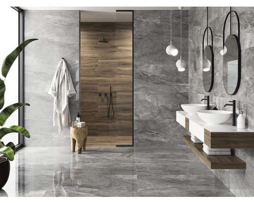 Salle de bain moderne avec carrelage gris, douche avec paroi en bois, deux lavabos et miroirs