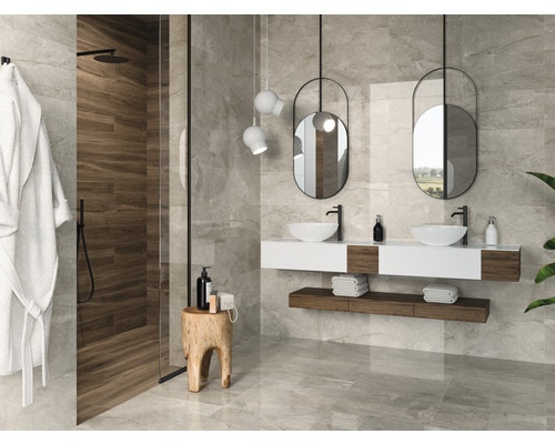 Salle de bains moderne avec douche, lavabo et miroir