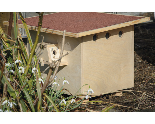 Vogelhaus aus Holz mit mehreren Einfluglöchern und Dach