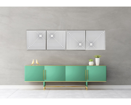 Wohnzimmer mit Sideboard, Dekoration und vierteiligem Wandbild mit geometrischem Muster