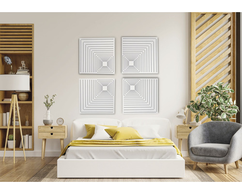 Schlafzimmer mit Bett, Nachttischen, Regal und vier Wandbildern mit geometrischem Design
