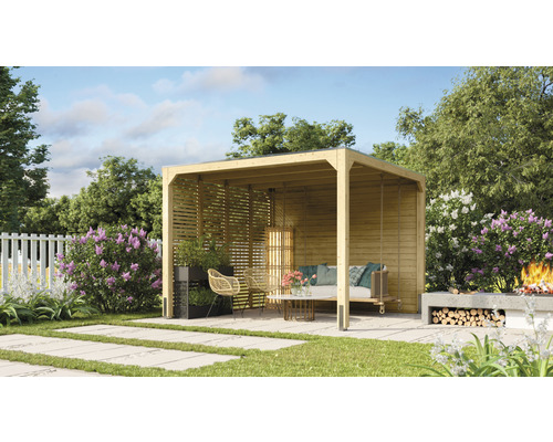 Szene mit einem Gartenpavillon mit Schaukel, Sitzgelegenheiten und Bepflanzung auf einer Terrasse.