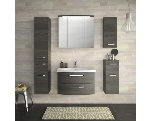 Modernes Badezimmerensemble mit Waschtisch, Spiegelschrank und Hochschränken