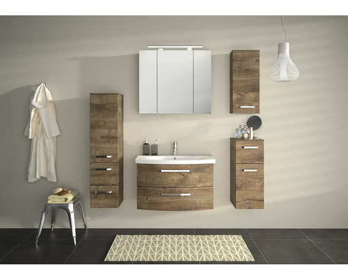 Modernes Badezimmer-Set mit Waschtisch, Spiegelschrank und Hochschränken in Holzoptik