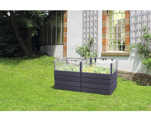 Hochbeet mit Pflanzen im Garten