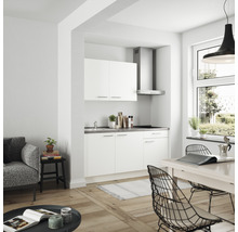 Cuisine linéaire claire dans un espace de vie aménagé de façon moderne avec table à manger et sièges.