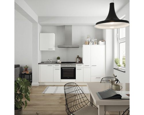 Bloc cuisine complète équipée nobilia elements Urban 270 cm façade blanche mate, corps blanc variante à droite