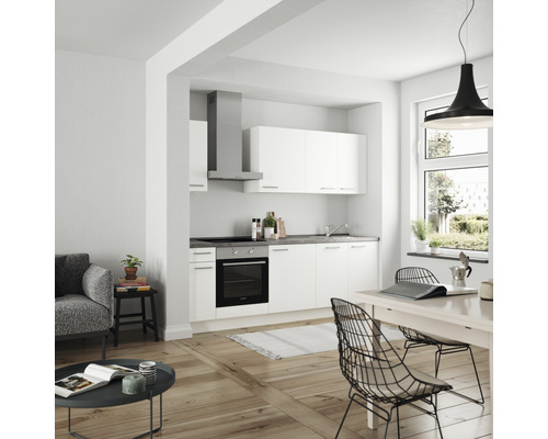 Helle Küche mit Küchenschränken, Dunstabzugshaube, Backofen und Essbereich in einem Wohnraum