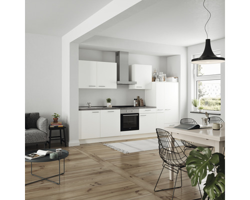 Heller Wohnraum mit Einbauküche, Esstisch und Sitzgelegenheit