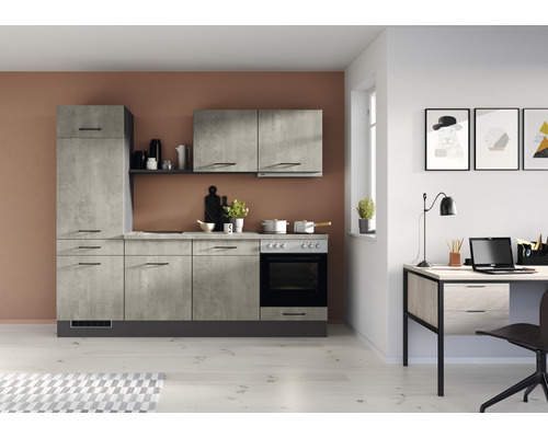 Cuisine complète IMPULS avec appareils PESCE 240 cm béton mat prémontée variante gauche IP120-IKZ1240AS-K830-F923-A674-G782