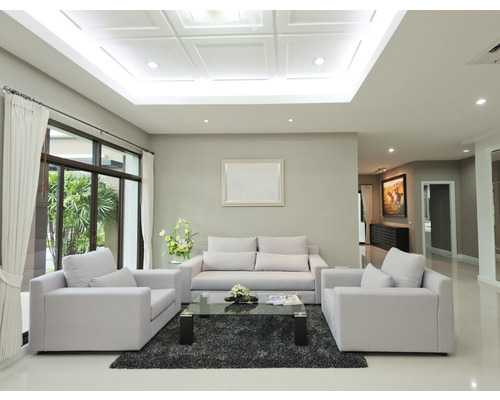 Salon lumineux avec canapé, fauteuil et tapis