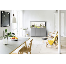 Pièce lumineuse avec aquarium sur meuble bas, table à manger et fauteuils en rotin