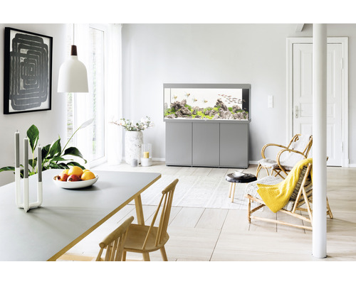 Espace de vie avec aquarium, table à manger et sièges pour une ambiance lumineuse