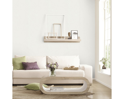 Helles Wohnzimmer mit Sofa, Couchtisch und Wandregal