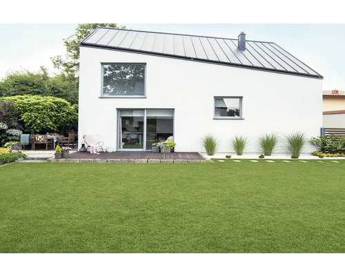 Maison moderne avec jardin, terrasse et pelouse.