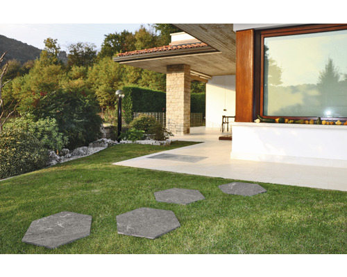 Chemin de jardin en dalles de pierre hexagonales dans la pelouse devant une maison moderne.